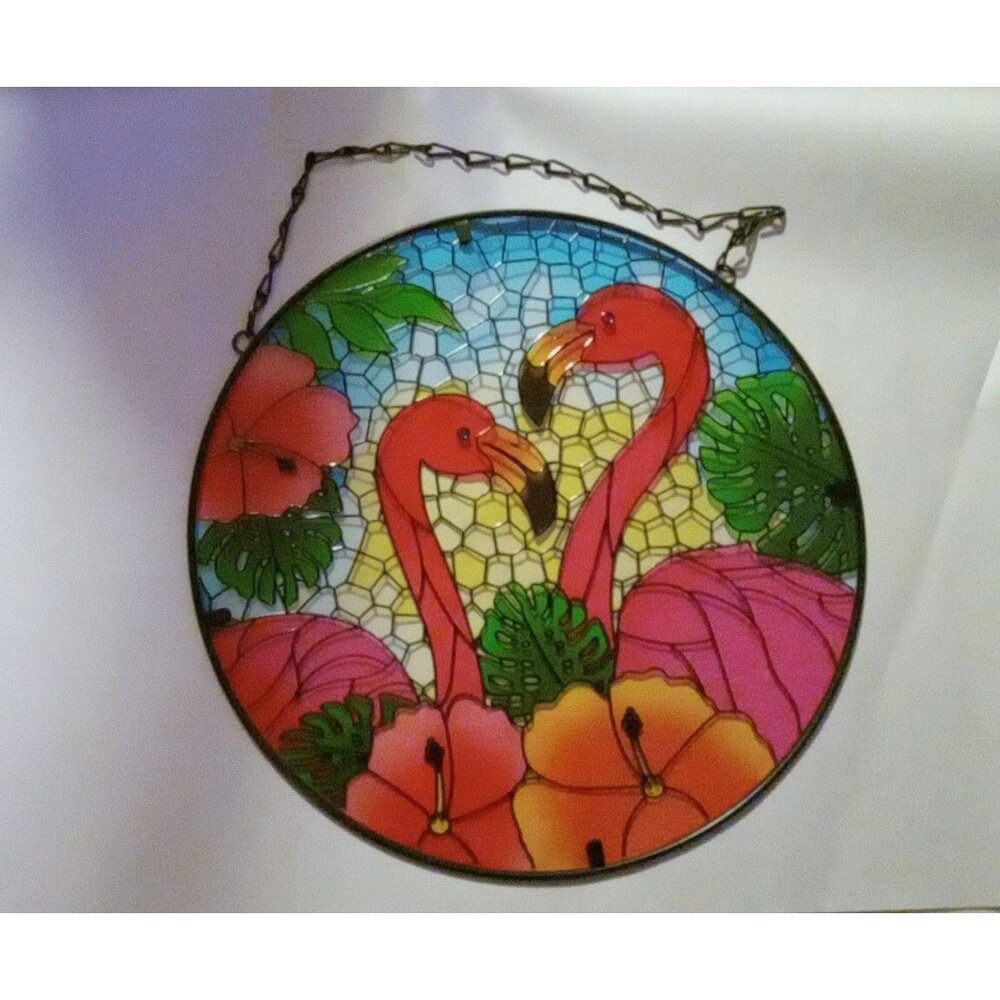 Painted Flamingo Bird Round Glass Hanging Suncatcher Window/Wall Decor